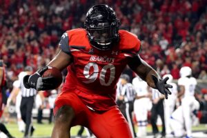 Cincinnati Bearcats defensive lineman Jabari Taylor (90)(90) celebrates after recovering a fumble in the end zone against Tulsa