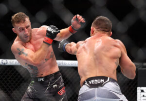 Justin Gaethje, left, competes against Michael Chandler, right, during UFC 268 at Madison Square Garden.