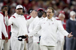 labama Crimson Tide Head Coach Nick Saban reacts to a penalty called against his defense in a game vs. LSU