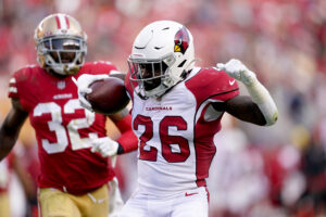 Arizona Cardinals running back Eno Benjamin celebrates after rushing for a touchdown against the San Francisco 49ers