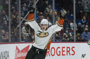 Anaheim Ducks forward Troy Terry (19) scores the game winning goal on Vancouver Canucks goalie Jaroslav Halak (41) in overtime at Rogers Arena. Ducks won 3-2 in Overtime.