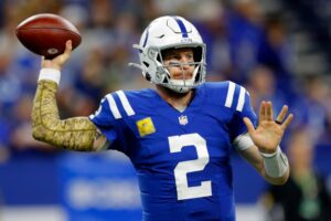 Indianapolis Colts quarterback Carson Wentz throws a pass against the Jacksonville Jaguars