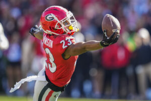 Georgia Bulldogs wide receiver Jaylen Johnson reaches trying to catch a pass against the Charleston Southern Buccaneers