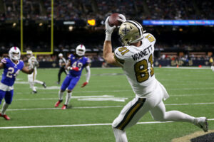 New Orleans, Louisiana, USA; New Orleans Saints tight end Nick Vannett (81) makes a touchdown catch in the third quarter against the Buffalo Bills at the Caesars Superdome.