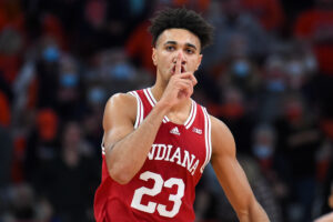 Indiana Hoosiers forward Trayce Jackson-Davis gestures to the crowd against the Syracuse Orange