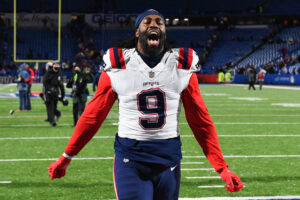 New England Patriots outside linebacker Matt Judon celebrates while leaving the field following a victory against the Buffalo Bills