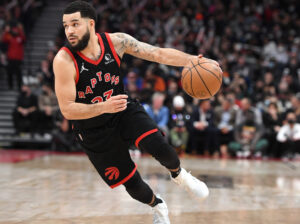 Toronto Raptors guard Fred VanVleet dribbles the ball against the New York Knicks