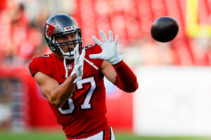 Tampa Bay Buccaneers tight end Rob Gronkowski prepares to catch a football during warm-ups prior to a game against the Buffalo Bills