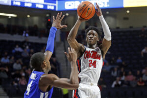 Mississippi Rebels guard Jarkel Joiner shoots a three-pointer against the Middle Tennessee Blue Raiders