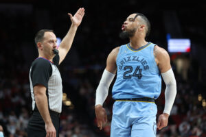 Memphis Grizzlies forward Dillon Brooks (24) blows a kiss to Portland Trail Blazers' fans in the second half at Moda Center.