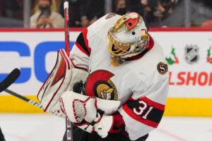 Ottawa Senators goaltender Anton Forsberg makes a save against the Philadelphia Flyers