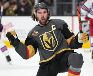 Vegas Golden Knights right wing Mark Stone celebrates after scoring a goal against the New York Rangers