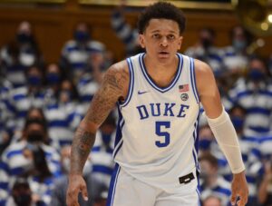 Duke Blue Devils forward Paolo Banchero focuses on an unseen player during the second half of an ACC game against the Miami Hurricanes