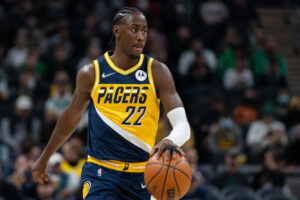 Indiana Pacers guard Caris LeVert dribbles the ball upcourt against the Boston Celtics