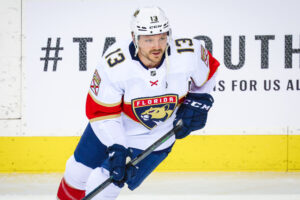 Florida Panthers center Sam Reinhart skates during warmups before a road game against the Calgary Flames