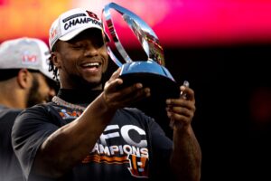 Cincinnati Bengals running back Joe Mixon holds the AFC Championship trophy after the Bengals beat the Kansas City Chiefs in the AFC championship game