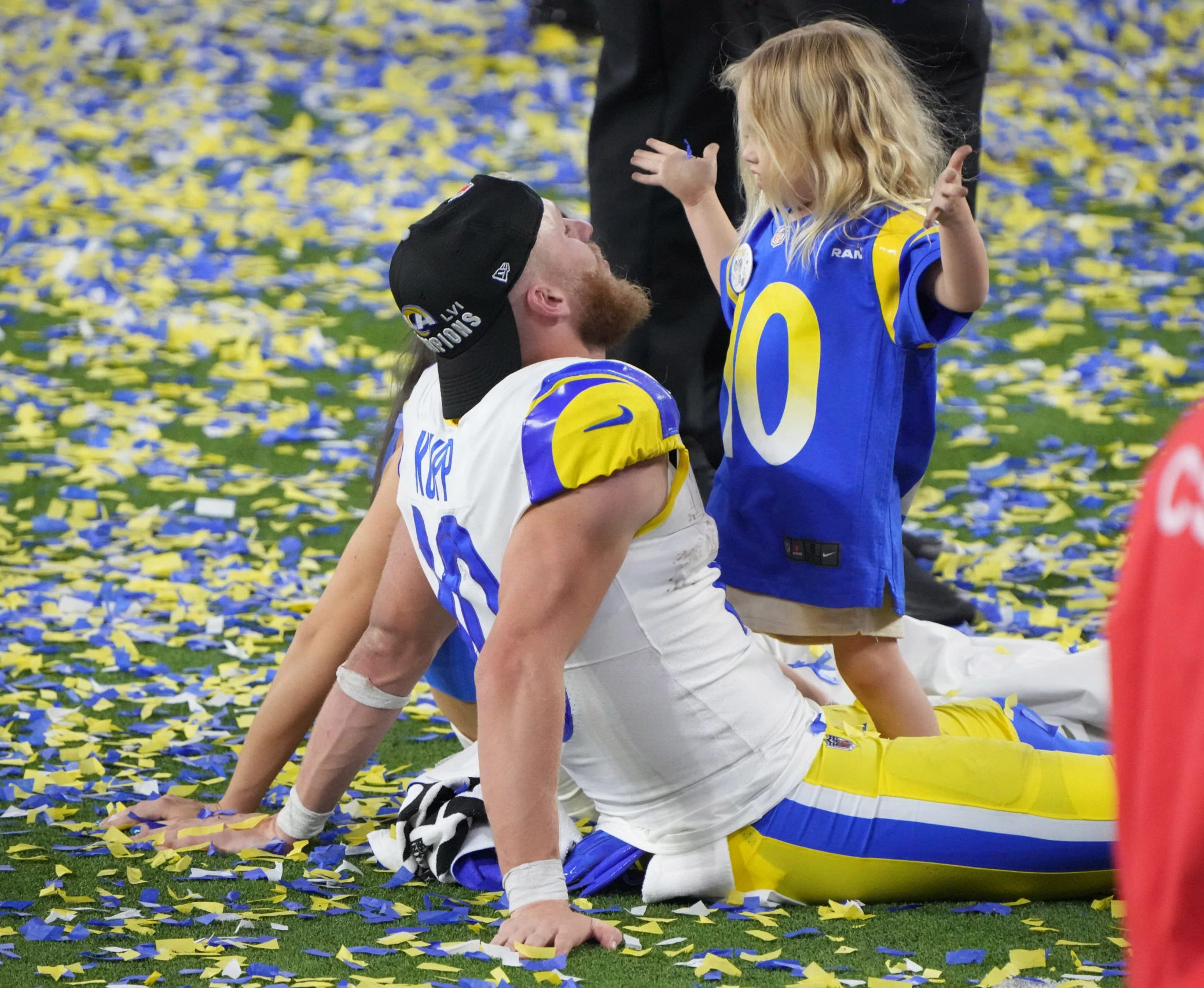 Feb 13, 2022; Inglewood, California, USA; Los Angeles Rams wide receiver Cooper Kupp (10) celebrates with his son Cooper Jameson after the Rams defeated the Cincinnati Bengals in Super Bowl LVI at SoFi Stadium.