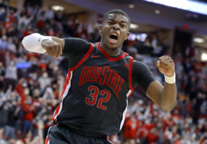 Ohio State Buckeyes forward E.J. Liddell reacts with joy during overtime in a Big Ten basketball game against the Indiana Hoosiers