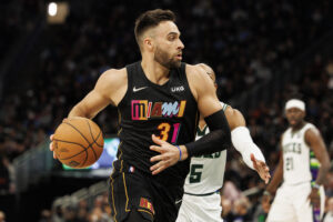 Miami Heat forward Max Strus (31) moves for the basket during the third quarter against the Milwaukee Bucks at Fiserv Forum.