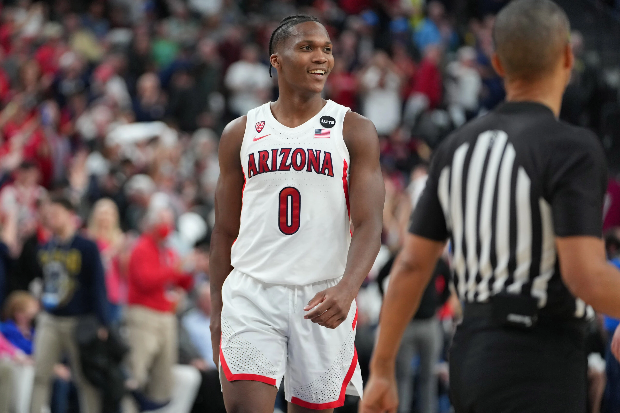 Arizona Wildcats guard Bennedict Mathurin (0) is pictured during a game against the UCLA Bruins near the end of the second half at T-Mobile Arena.