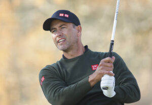 Adam Scott tees off on the 6th hole during the fourth round of the World Golf Championships-Dell Technologies Match Play golf tournament.