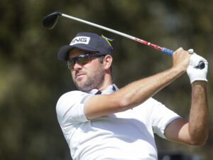 Corey Conners tees off on the 10th and beat Dustin Johnson in the semifinal round of the World Golf Championships-Dell Technologies Match Play golf tournament. 