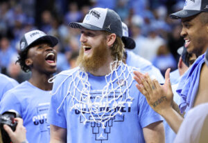 North Carolina Tar Heels forward Brady Manek (45) celebrates after the Tar Heels defeated the St. Peters Peacocks in the finals of the East regional of the men's college basketball NCAA Tournament at Wells Fargo Center in Philadelphia on Sunday, March 27, 2022.