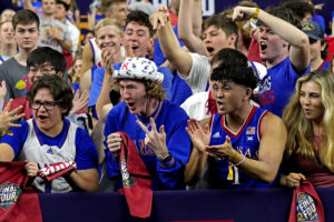 Kansas Jayhawks fans cheer before a game against the Villanova Wildcats in the 2022 NCAA men's basketball tournament Final Four semifinals