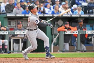 Detroit Tigers first baseman Spencer Torkelson (20) singles during the sixth inning against the Kansas City Royals at Kauffman Stadium. 