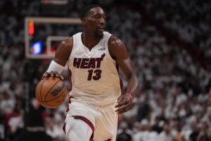 Miami Heat center Bam Adebayo (13) drives the ball up the court during the first half in game two of the first round for the 2022 NBA playoffs against the Atlanta Hawks at FTX Arena. 