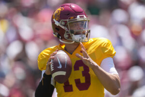 Southern California Trojans quarterback Caleb Williams (13) throws the ball during the spring game at the Los Angeles Memorial Coliseum.