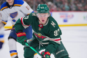 Minnesota Wild left wing Kirill Kaprizov skates after the puck during Game 2 of a Stanley Cup Playoff series against the St. Louis Blues