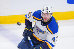 St. Louis Blues defenseman Calle Rosen eyes the puck as it floats through the air during Game 2 of a Stanley Cup Playoff game against the Minnesota Wild