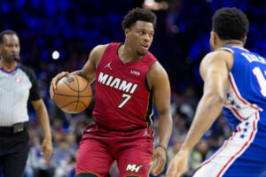 Miami Heat guard Kyle Lowry (7) dribbles the ball against the Philadelphia 76ers during the first quarter in game three of the second round for the 2022 NBA playoffs at Wells Fargo Center.