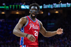 Philadelphia 76ers center Joel Embiid (21) reacts to his defensive stop against the Miami Heat during the first quarter in game four of the second round for the 2022 NBA playoffs at Wells Fargo Center.