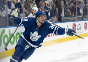 Toronto Maple Leafs center Auston Matthews celebrates scoring the winning goal during the third period of game five of the first round of the 2022 Stanley Cup Playoffs against the Tampa Bay Lightning