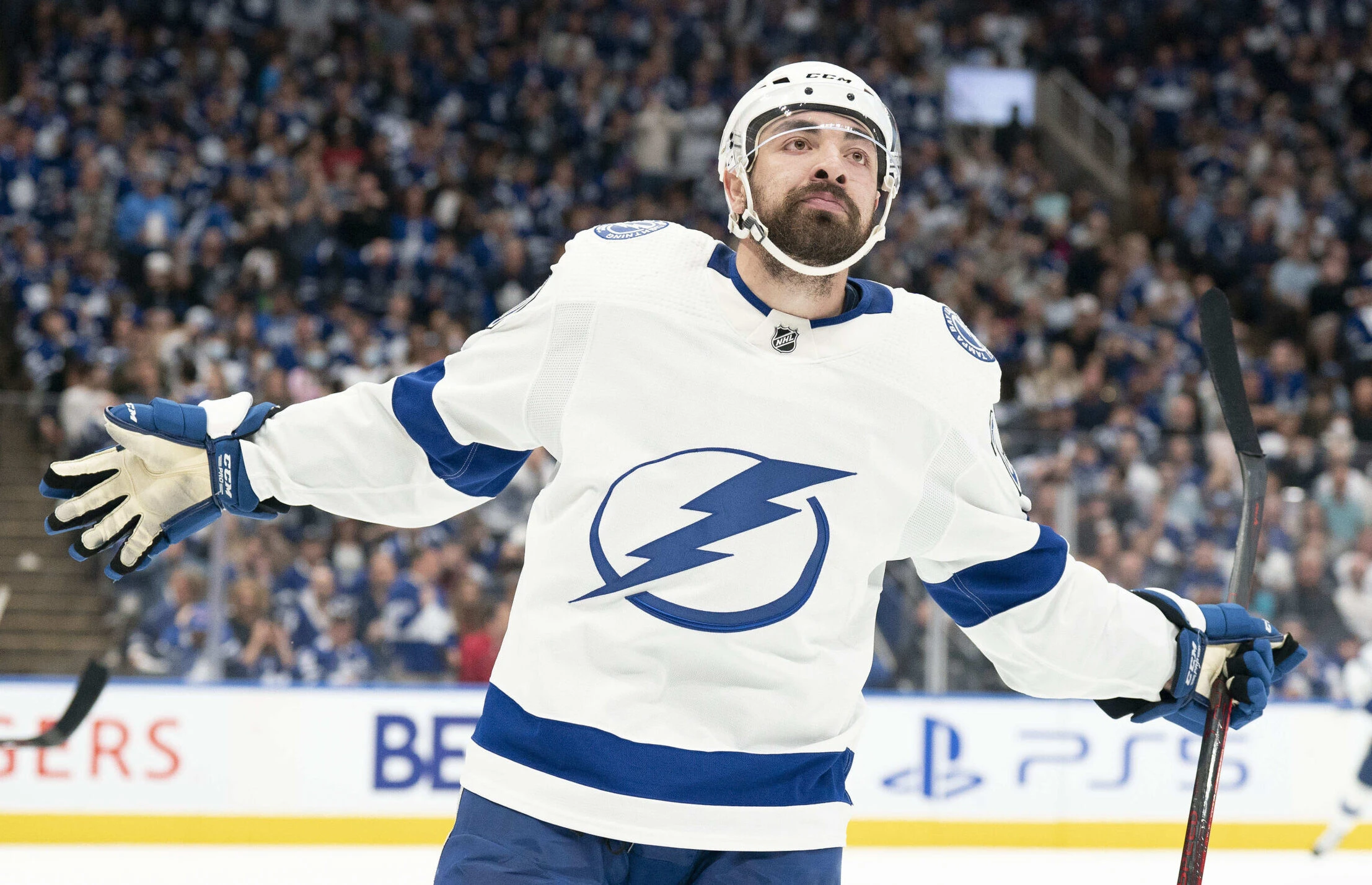 Tampa Bay Lightning left wing Nicholas Paul celebrates scoring a goal against the Toronto Maple Leafs during the second period of game seven of the first round of the 2022 Stanley Cup Playoffs at Scotiabank Arena on May 14, 2022.