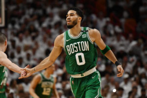 Boston Celtics forward Jayson Tatum (0) celebrates after a basket during the second half of game two of the 2022 eastern conference finals against the Miami Heat at FTX Arena.