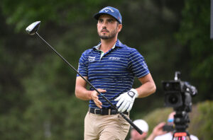 Abraham Ancer plays his shot from the seventh tee during the second round of the PGA Championship golf tournament at Southern Hills Country Club. 