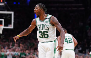 Boston Celtics guard Marcus Smart (36) reacts after a play against the Miami Heat in the third quarter during game three of the 2022 eastern conference finals at TD Garden.