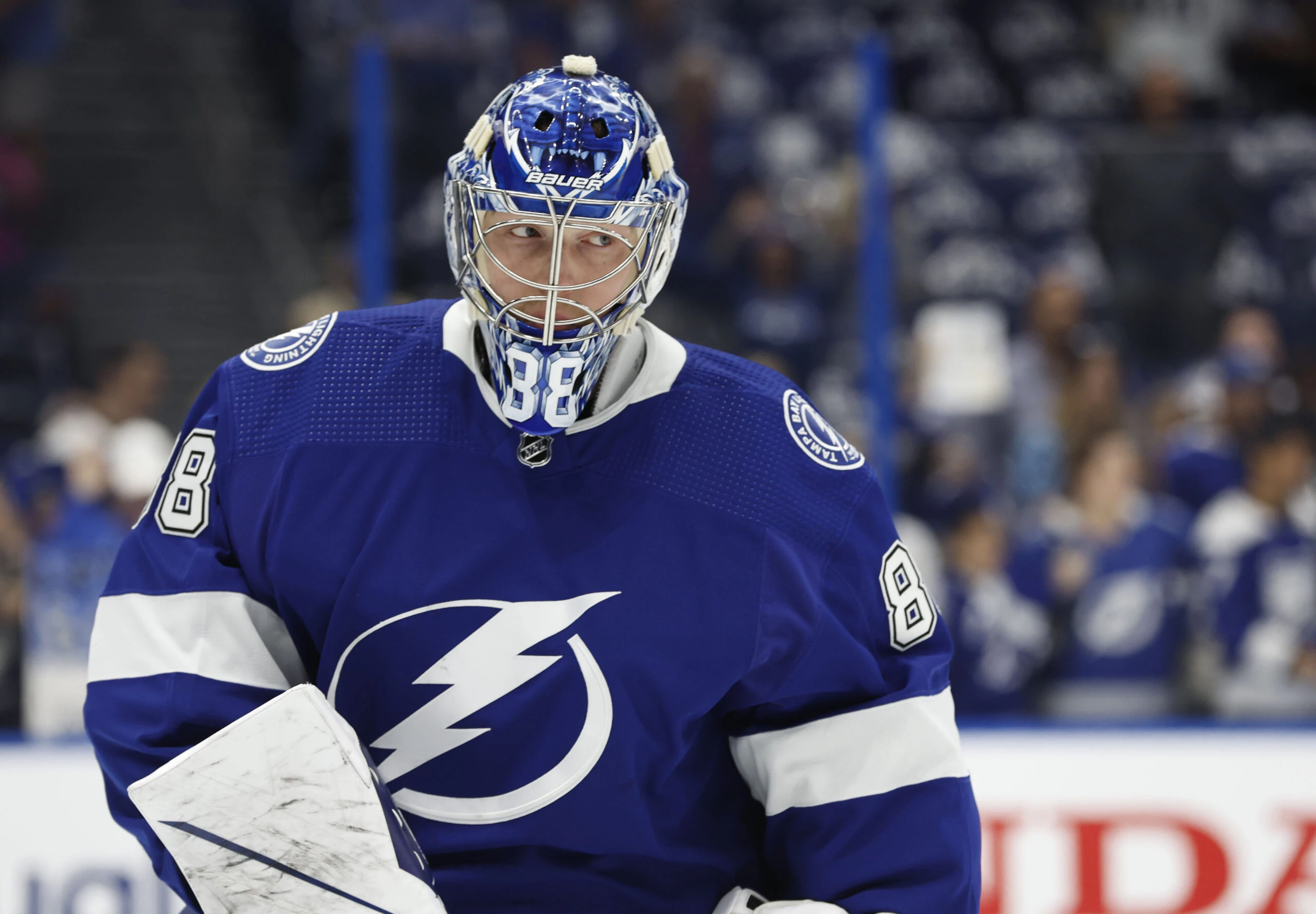 Tampa Bay Lightning goaltender Andrei Vasilevskiy (88) works out prior to the game against the Florida Panthers at Amalie Arena.