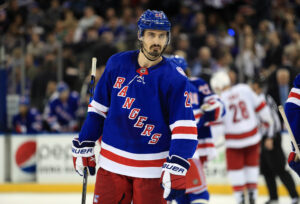 New York Rangers left wing Chris Kreider (20) during the second period against the Carolina Hurricanes in game four of the second round of the 2022 Stanley Cup Playoffs at Madison Square Garden. 