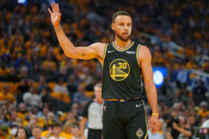 Golden State Warriors guard Stephen Curry (30) reacts after a play against the Dallas Mavericks during the first half during game five of the 2022 western conference finals at Chase Center.