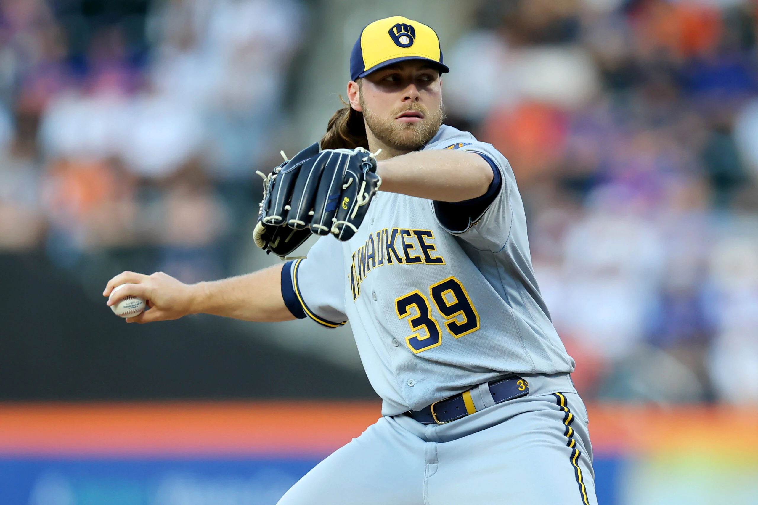 Milwaukee Brewers starting pitcher Corbin Burnes (39) pitches against the New York Mets during the first inning at Citi Field.