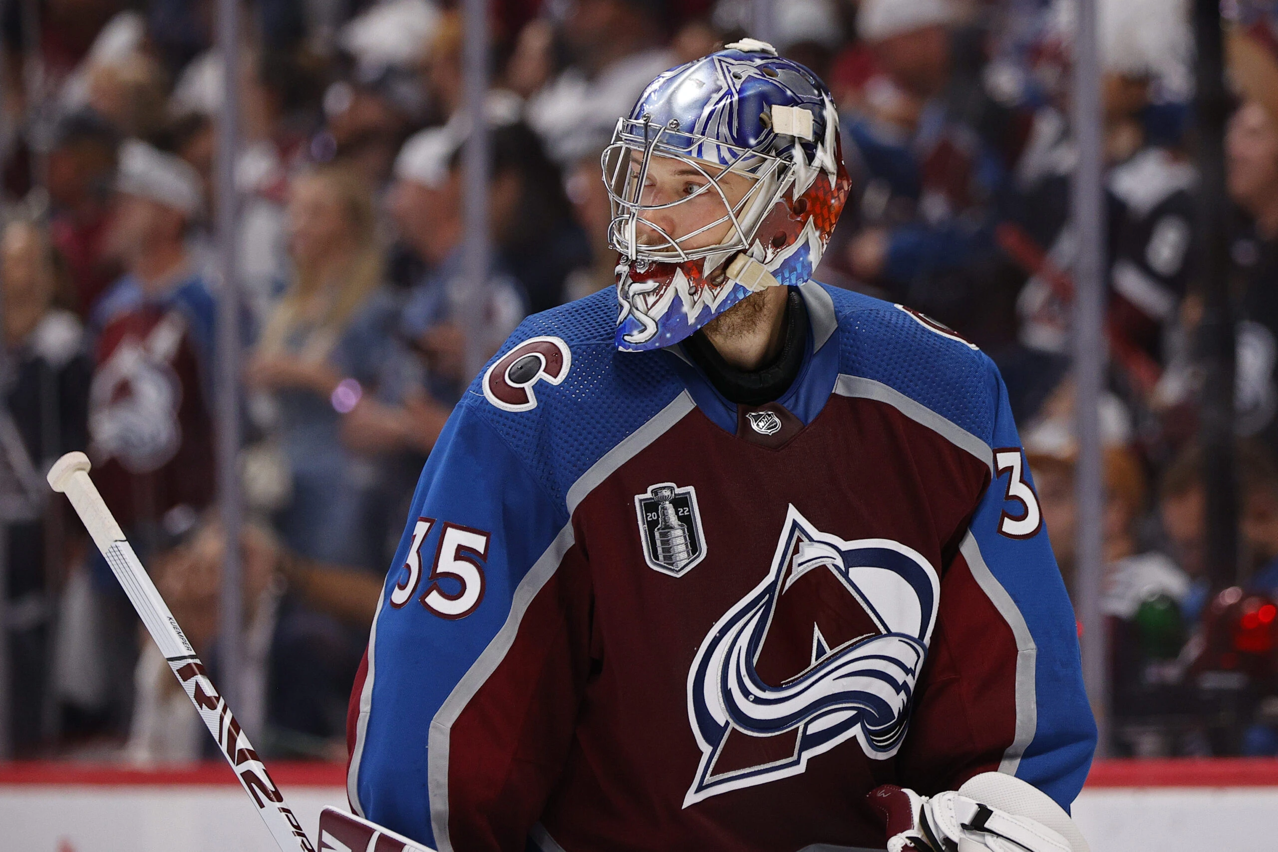 Colorado Avalanche goaltender Darcy Kuemper (35) looks on during the third period in game two of the 2022 Stanley Cup Final against the Tampa Bay Lightning at Ball Arena.