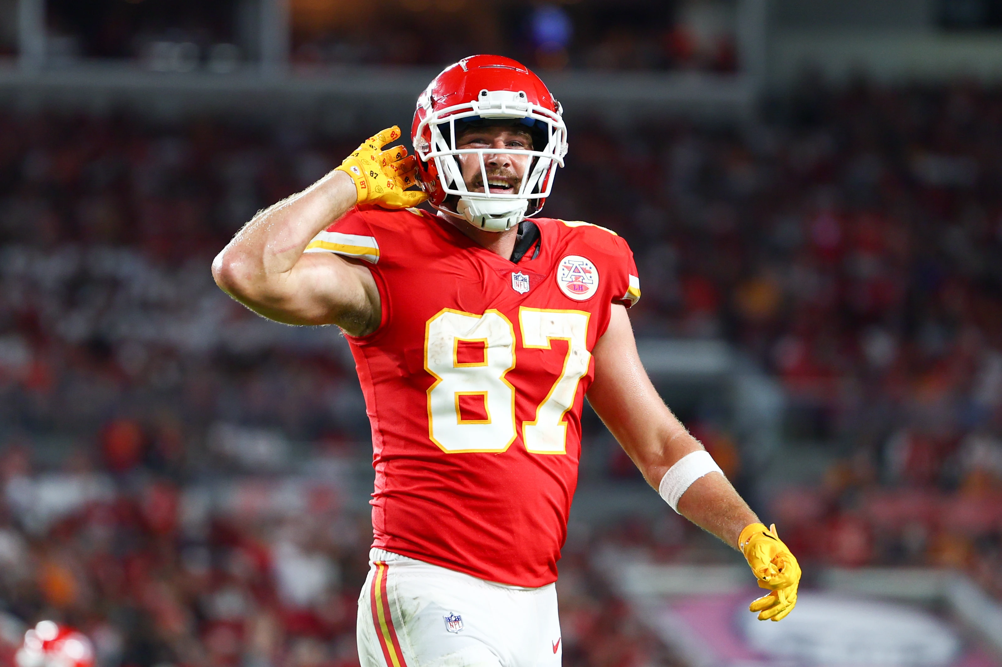 Kansas City Chiefs tight end Travis Kelce (87) reacts after a play against the Tampa Bay Buccaneers in the second quarter at Raymond James Stadium.