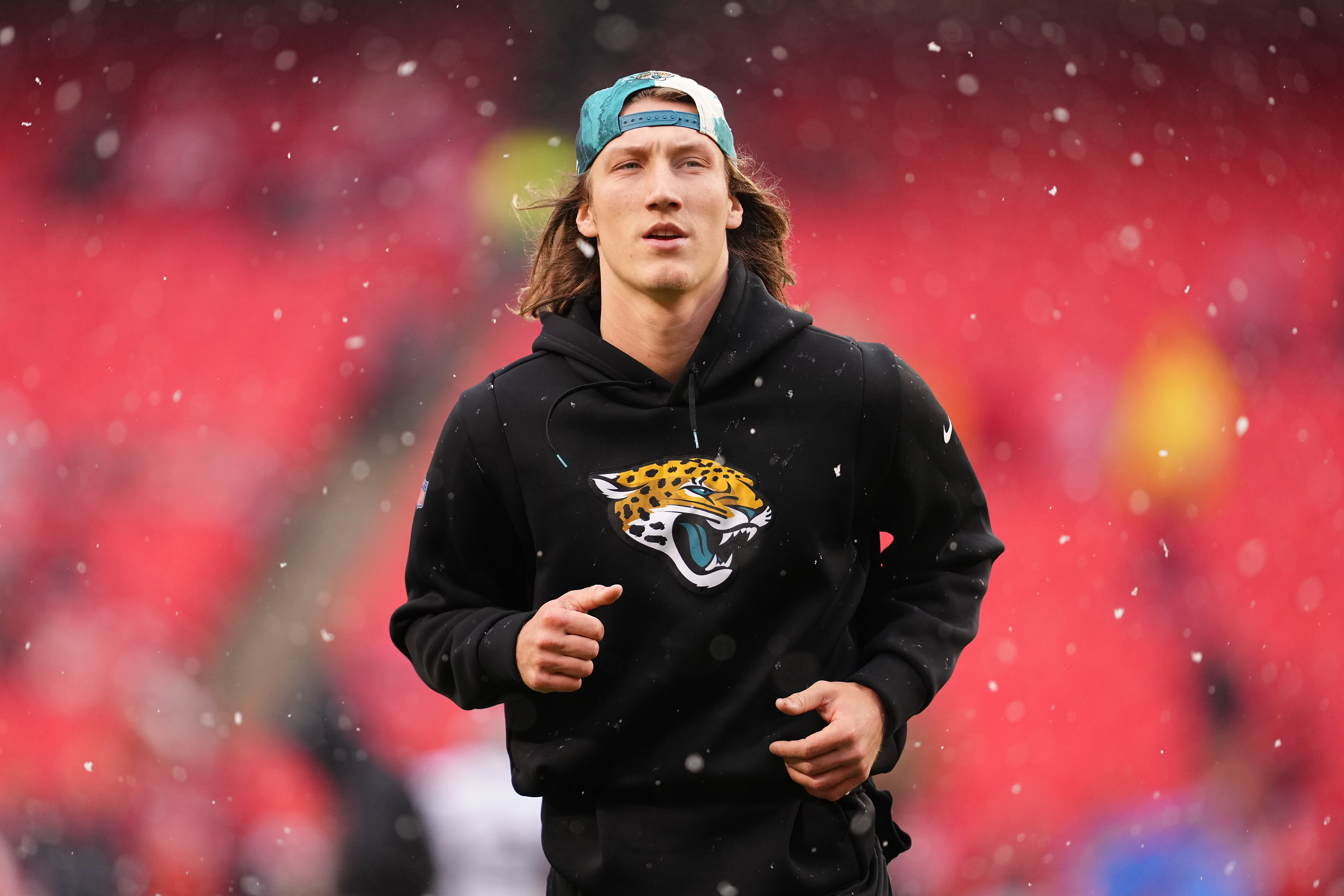 Jan 21, 2023; Kansas City, Missouri, USA; Jacksonville Jaguars quarterback Trevor Lawrence (16) before playing against the Kansas City Chiefs in the AFC divisional round game at GEHA Field at Arrowhead Stadium.