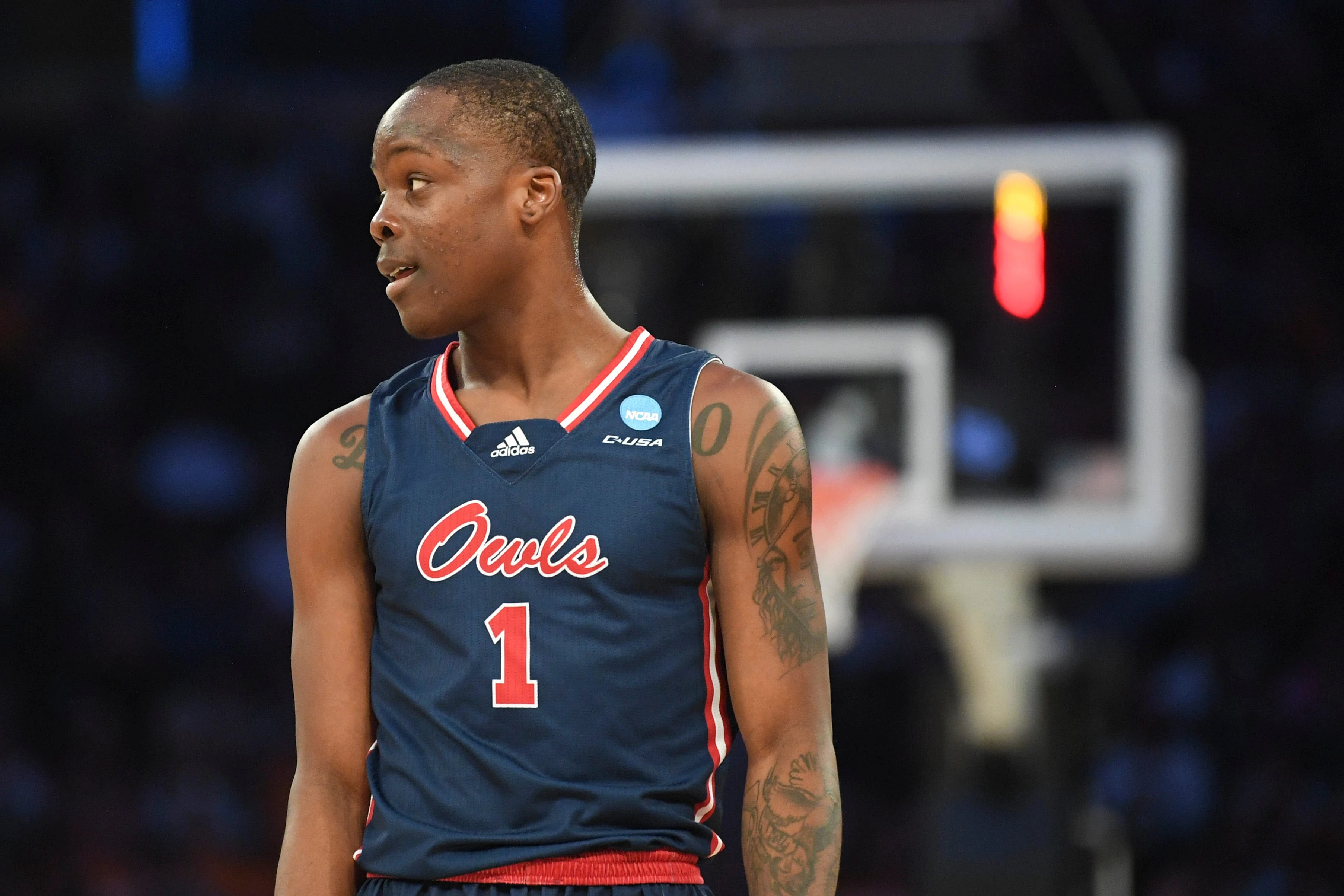 Florida Atlantic University guard Johnell Davis (1) is seen on the court during a NCAA Tournament Sweet 16 game between Tennessee and FAU in Madison Square Garden, Thursday, March 23, 2023.