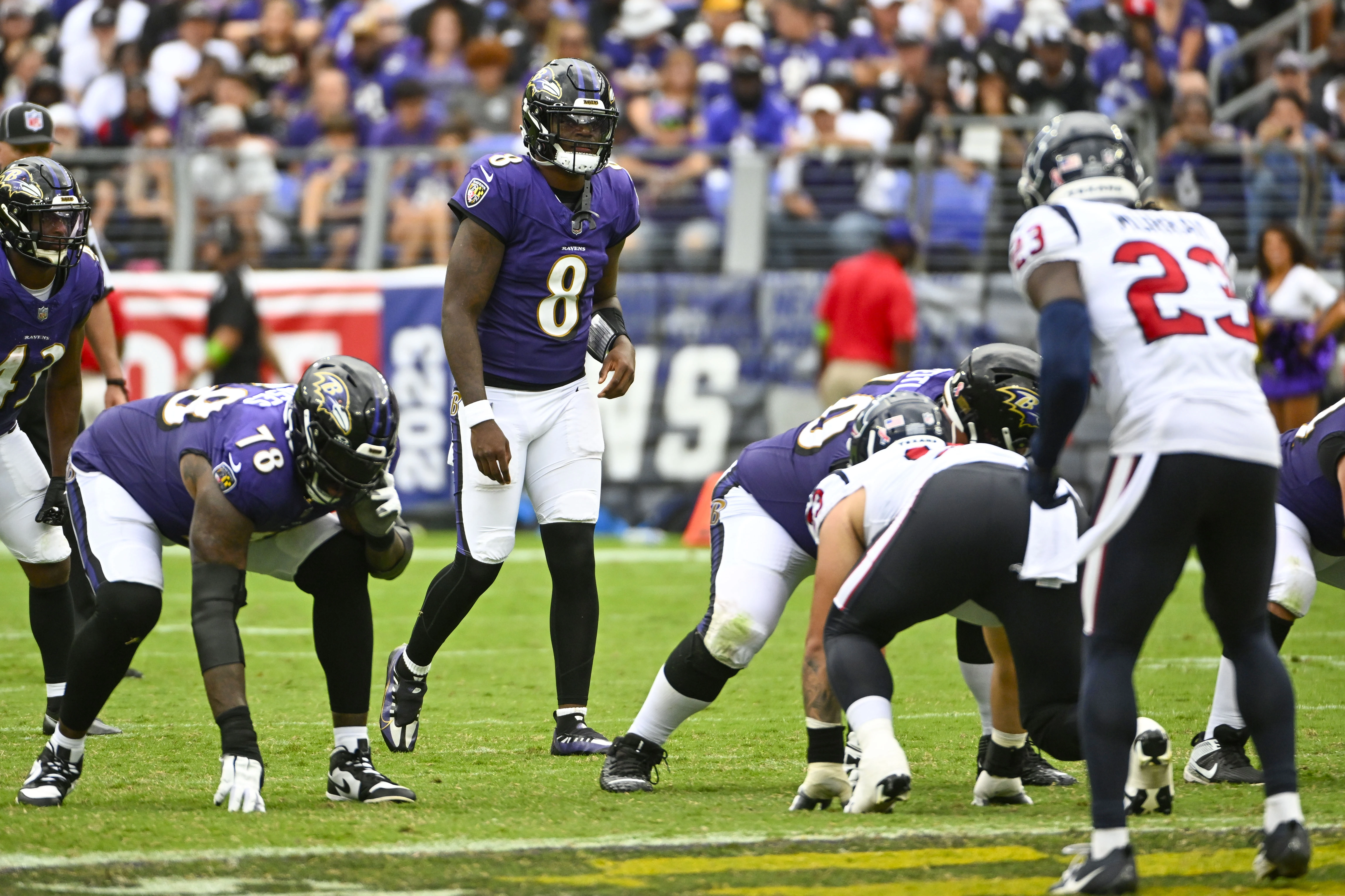 Sep 10, 2023; Baltimore, Maryland, USA; Baltimore Ravens quarterback Lamar Jackson (8) at the line of scrimmage against the Houston Texans during the second half at M&T Bank Stadium.
