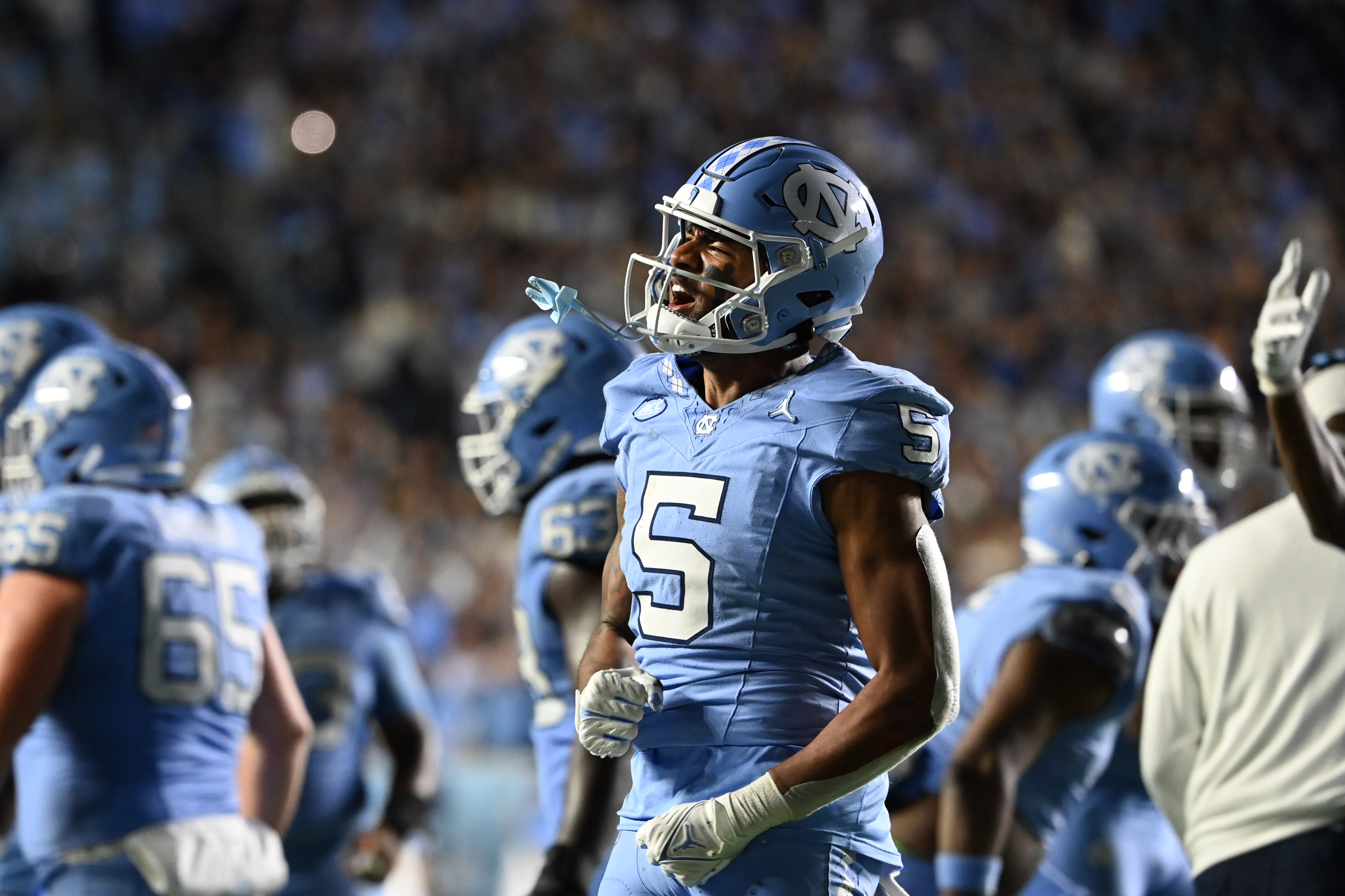 Nov 11, 2023; Chapel Hill, North Carolina, USA; North Carolina Tar Heels wide receiver J.J. Jones (5) reacts in the fourth quarter at Kenan Memorial Stadium.